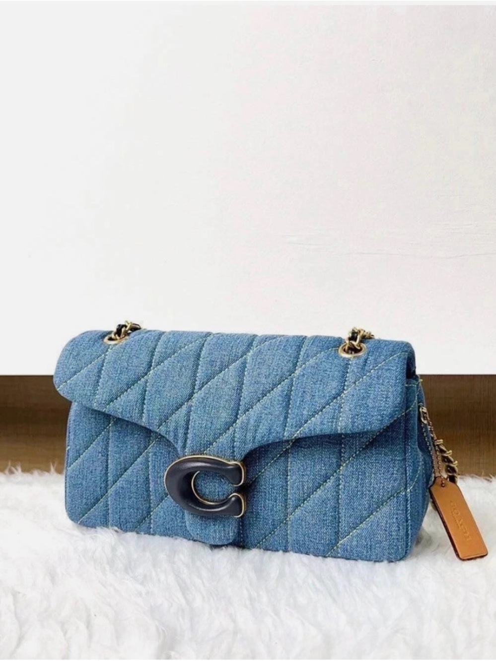 Coach Quilted Denim Shoulder Bag in Blue with Gold Hardware